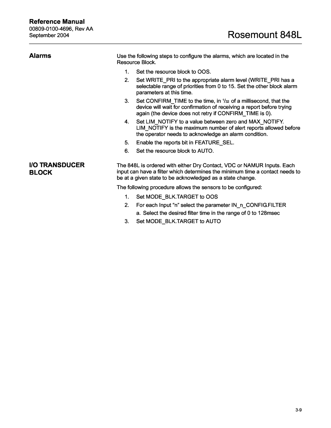 Emerson manual Alarms I/O TRANSDUCER BLOCK, Rosemount 848L, Reference Manual 