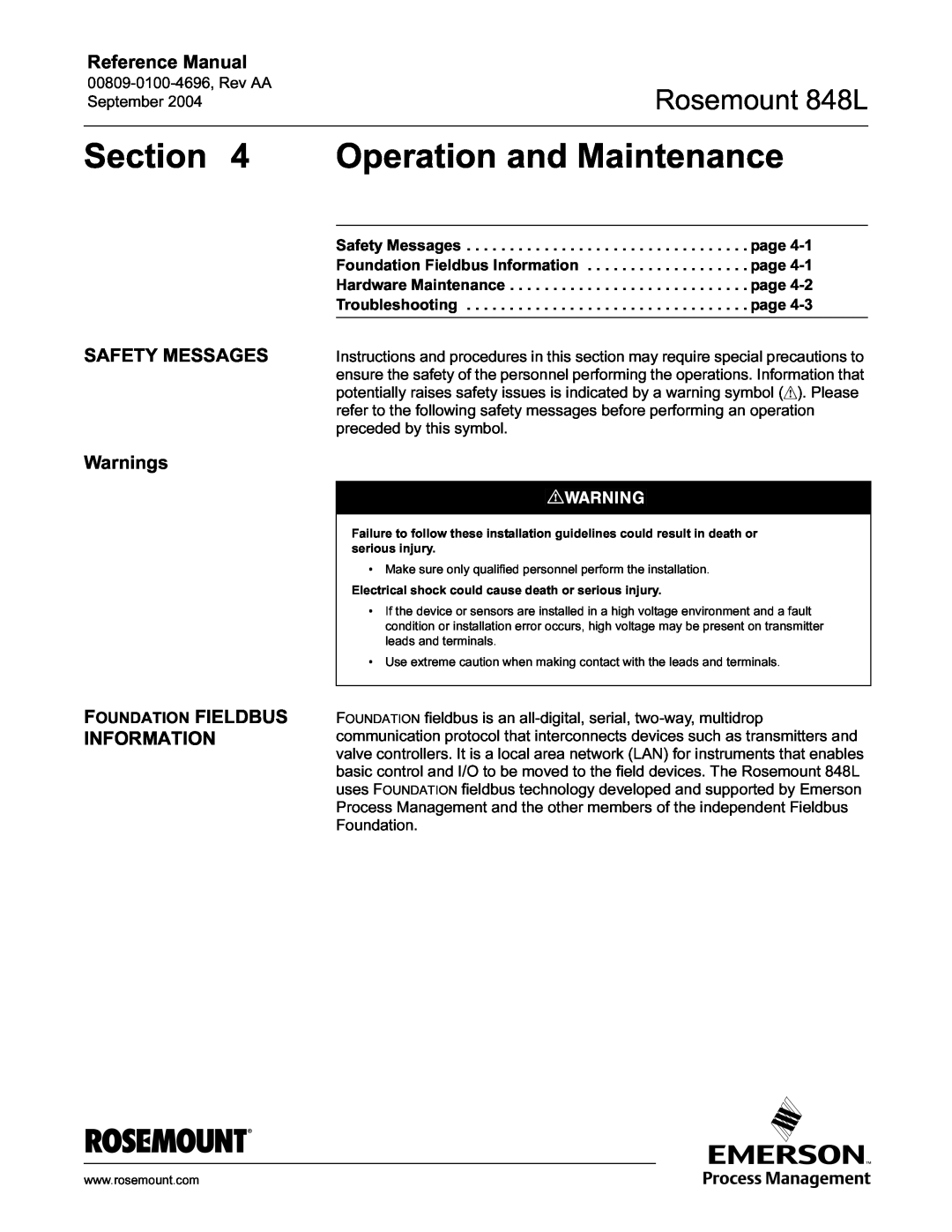 Emerson manual Operation and Maintenance, Foundation Fieldbus Information, Rosemount 848L, Reference Manual 