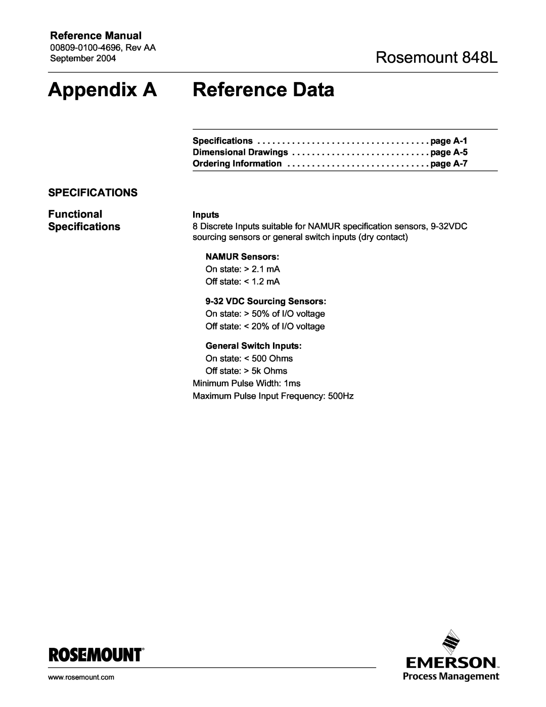 Emerson manual Appendix A, Reference Data, SPECIFICATIONS Functional Specifications, Rosemount 848L, Reference Manual 