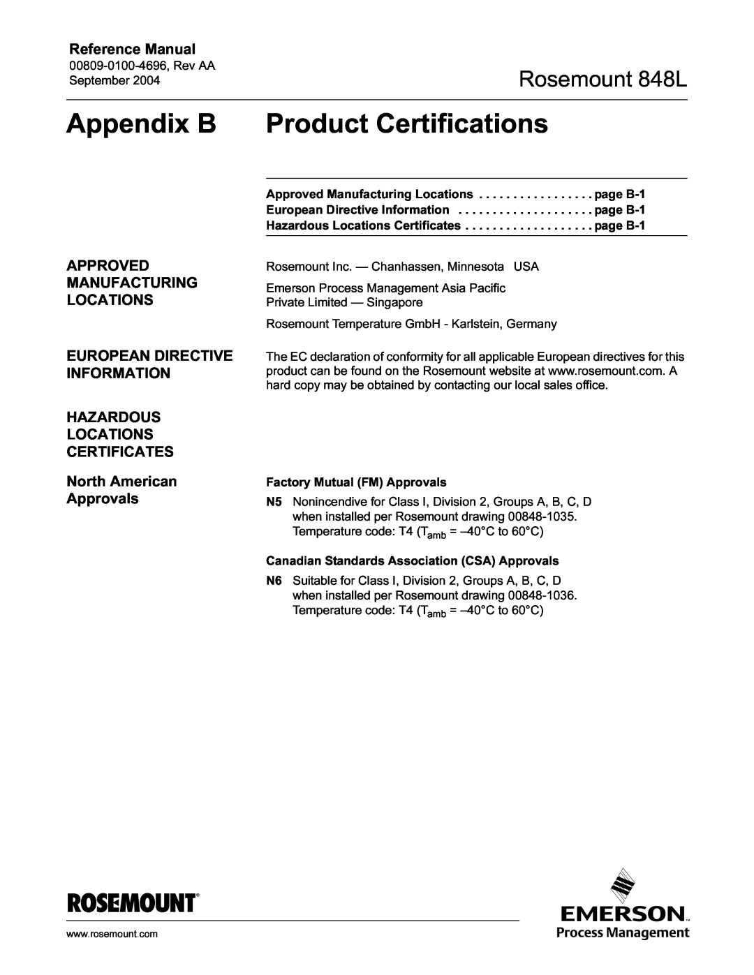 Emerson 848L Appendix B Product Certifications, Approved Manufacturing Locations, European Directive Information Hazardous 