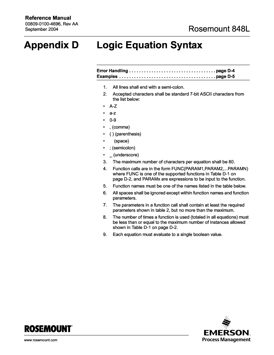 Emerson manual Appendix D Logic Equation Syntax, Rosemount 848L, Reference Manual 