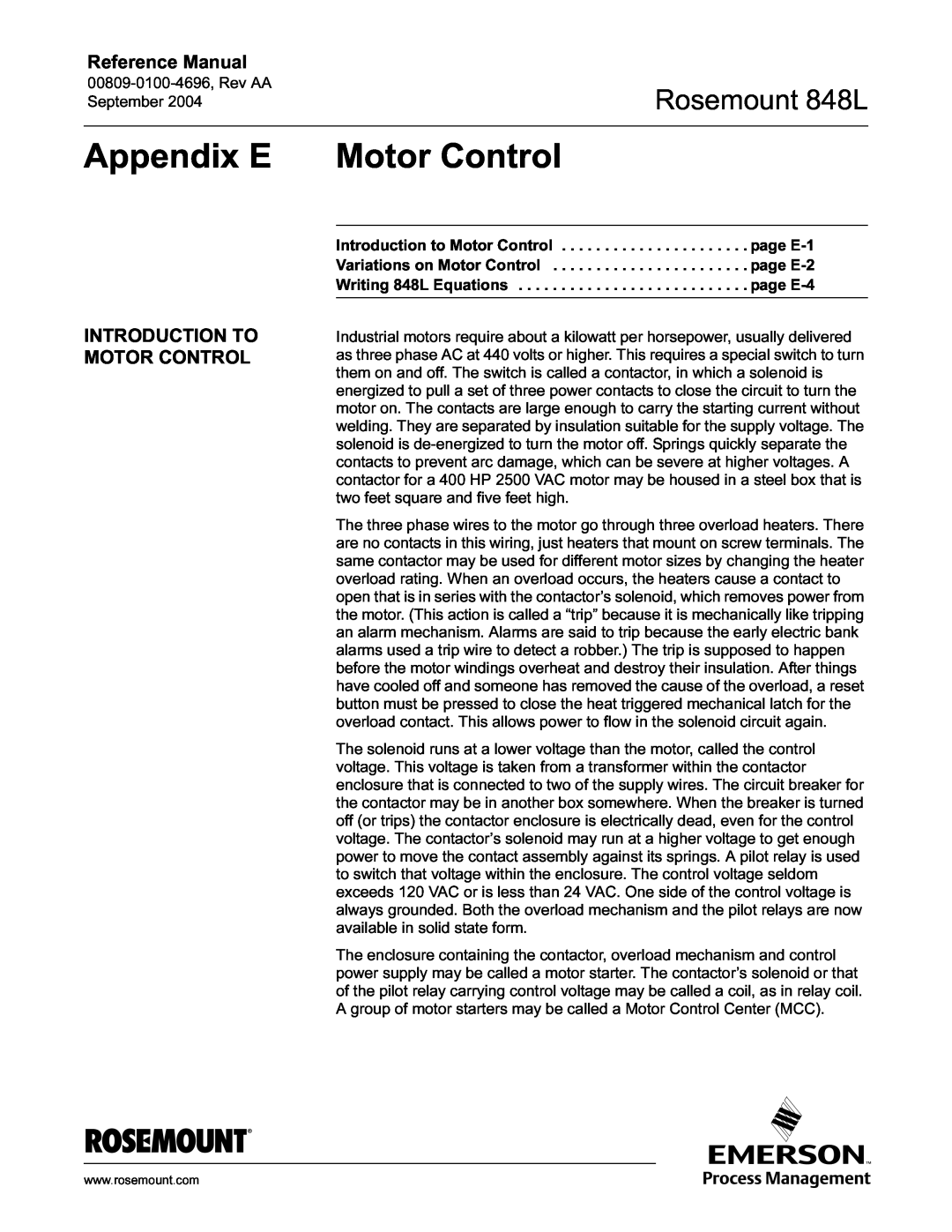 Emerson manual Appendix E, Introduction To Motor Control, Rosemount 848L, Reference Manual 