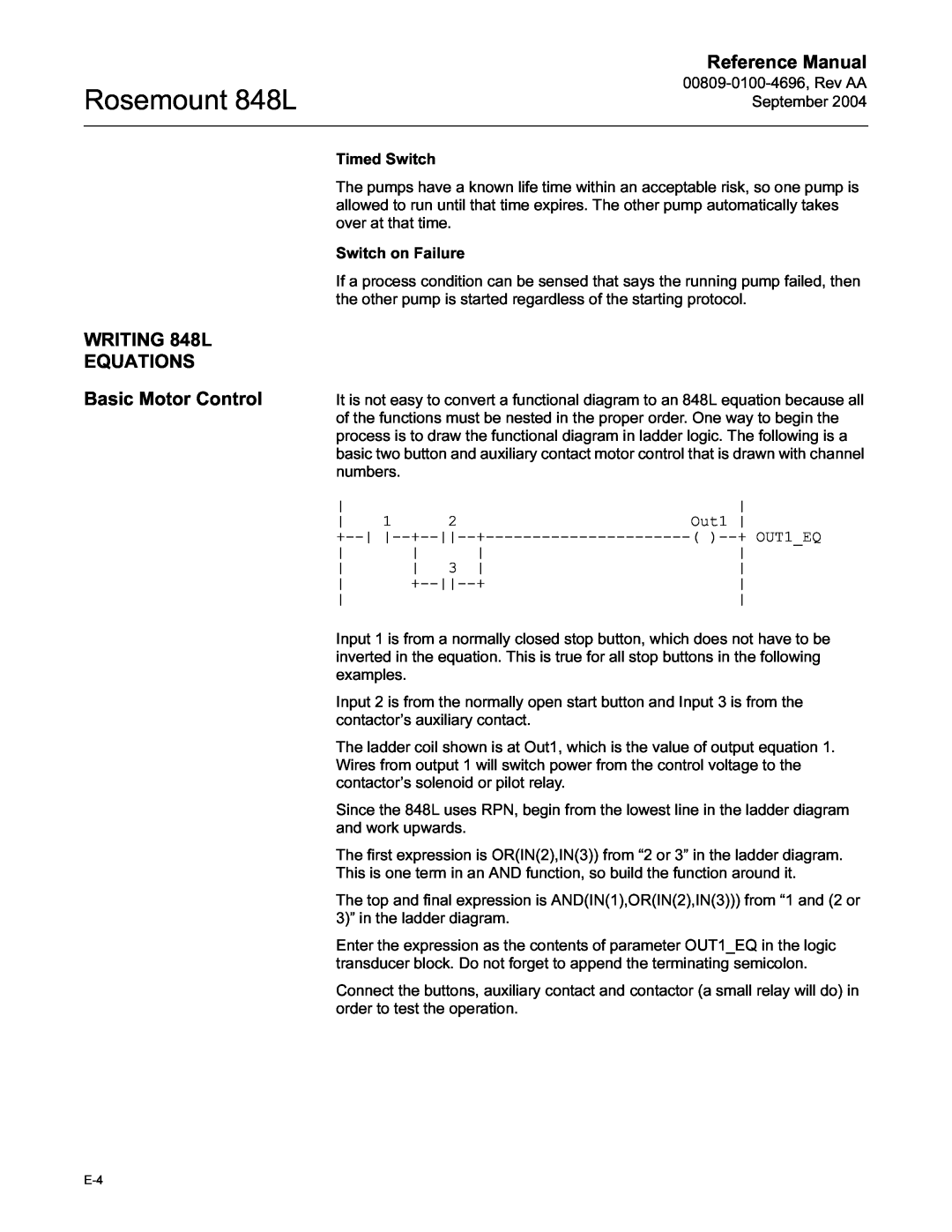 Emerson manual WRITING 848L EQUATIONS Basic Motor Control, Rosemount 848L, Reference Manual 