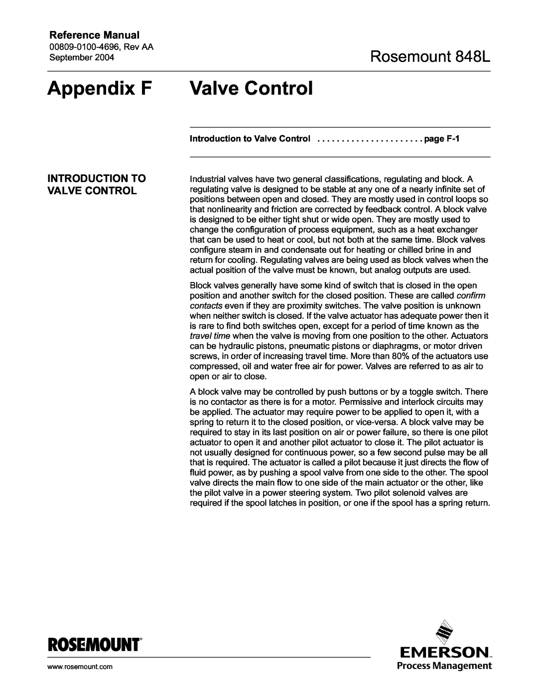 Emerson manual Appendix F, Introduction To Valve Control, Rosemount 848L, Reference Manual 