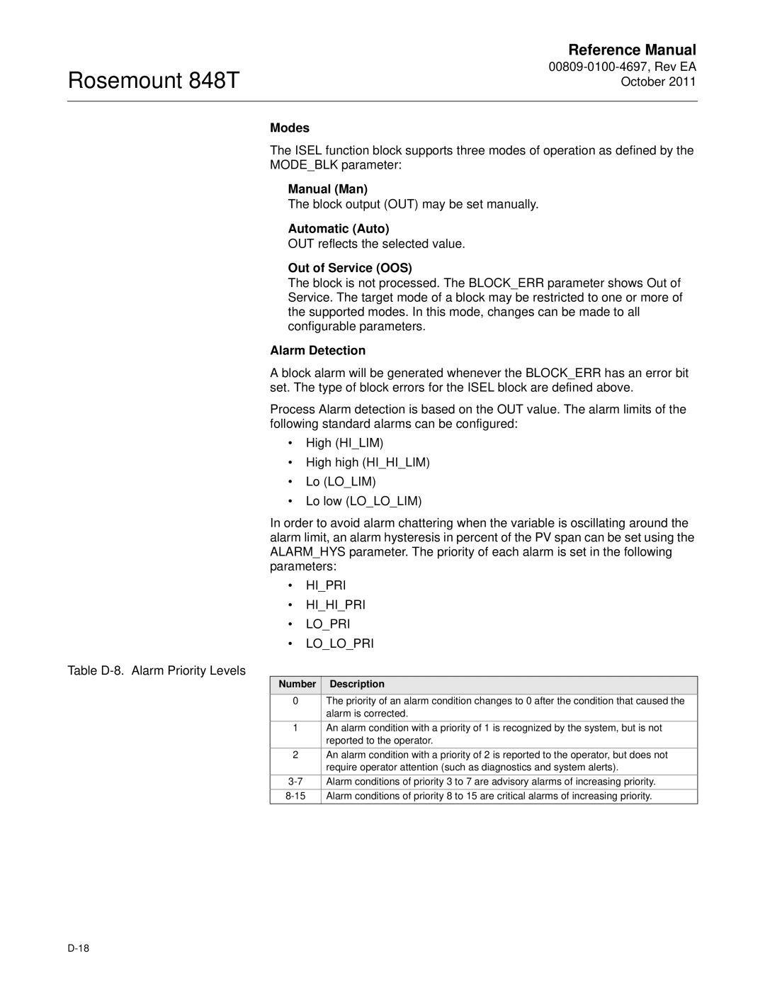 Emerson 848T manual OUT reflects the selected value, Table D-8. Alarm Priority Levels 