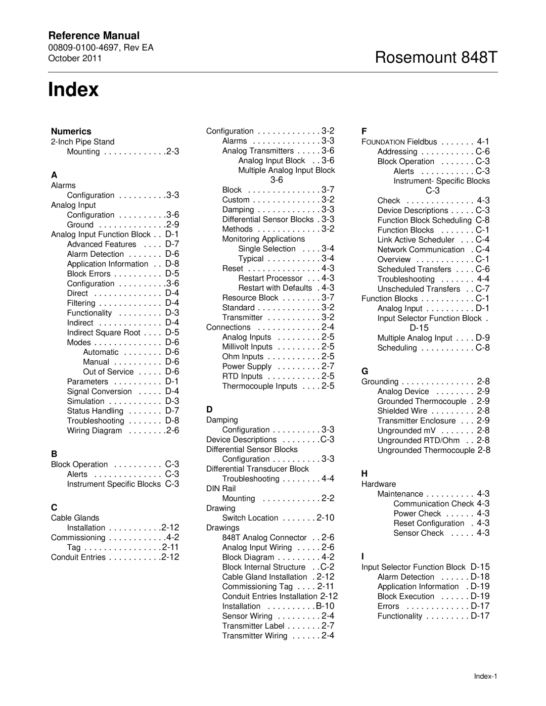 Emerson 848T manual Index, Numerics 