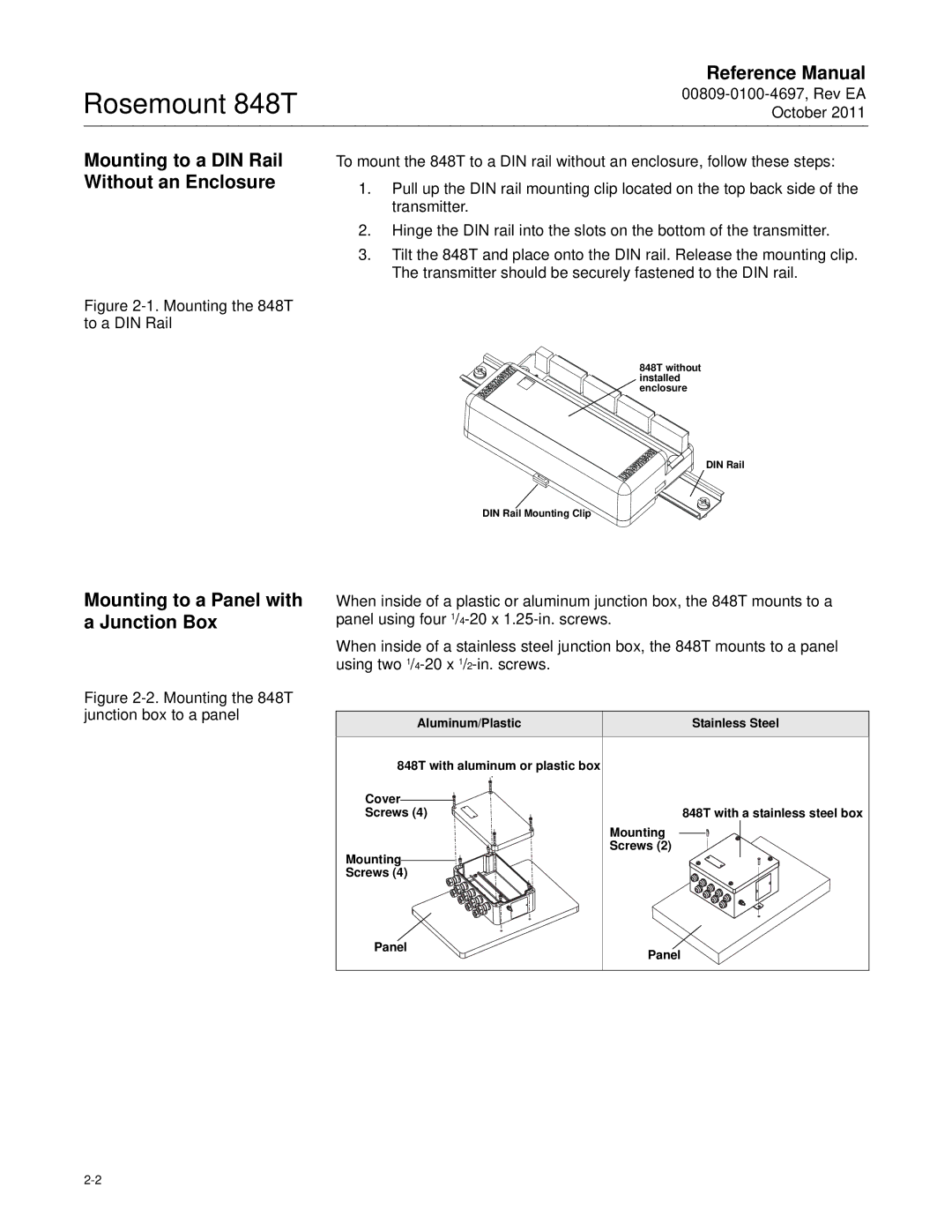 Emerson 848T manual Mounting to a DIN Rail Without an Enclosure, Mounting to a Panel with a Junction Box 