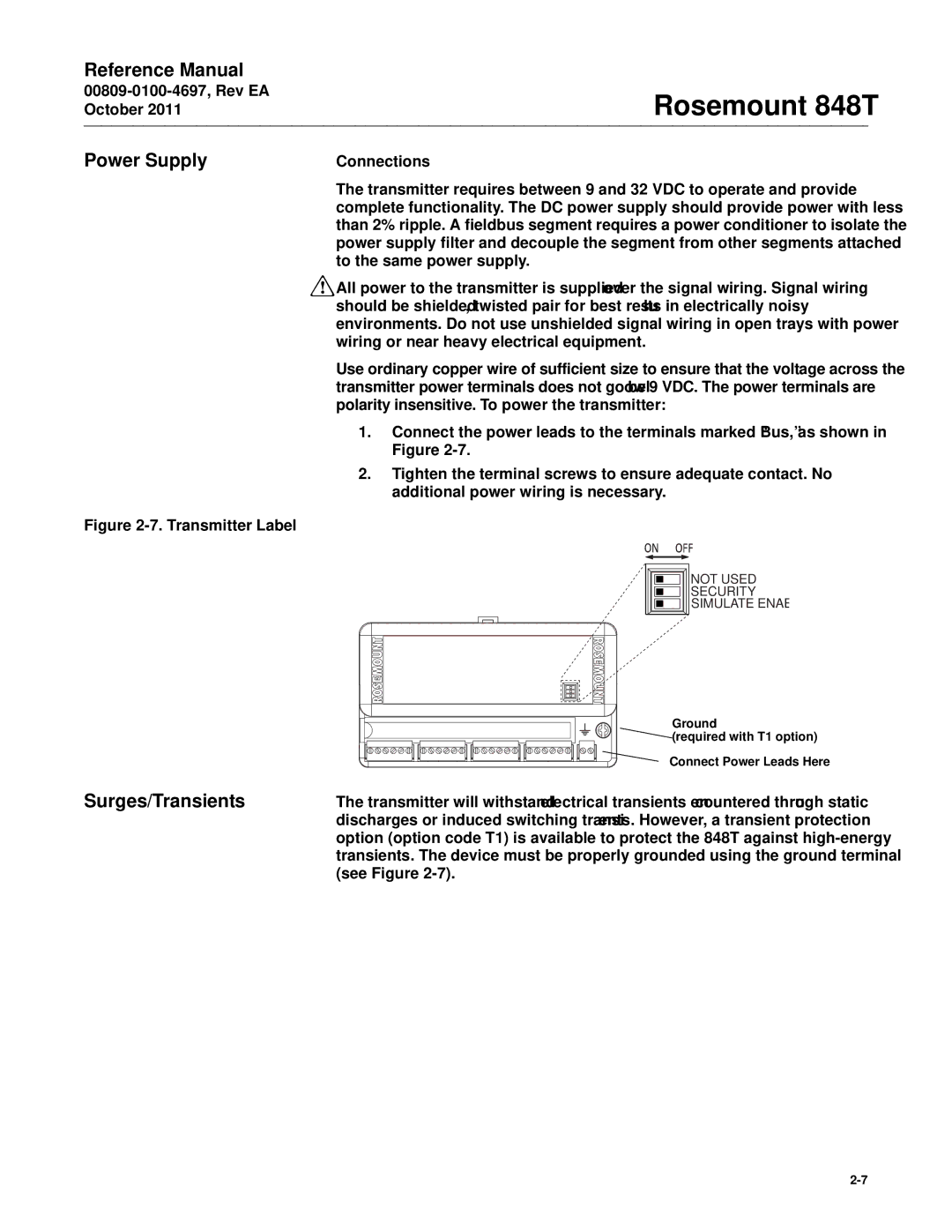 Emerson 848T manual Power Supply, Surges/Transients, Connections 