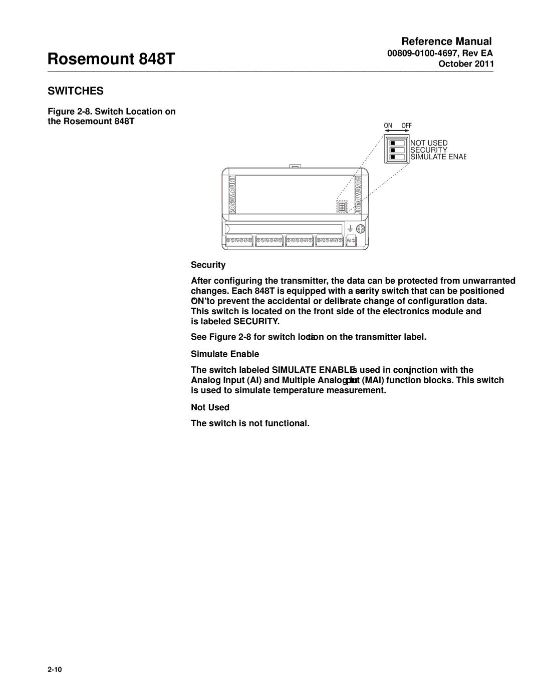 Emerson 848T manual Switches, Security, Simulate Enable, Not Used, Switch is not functional 