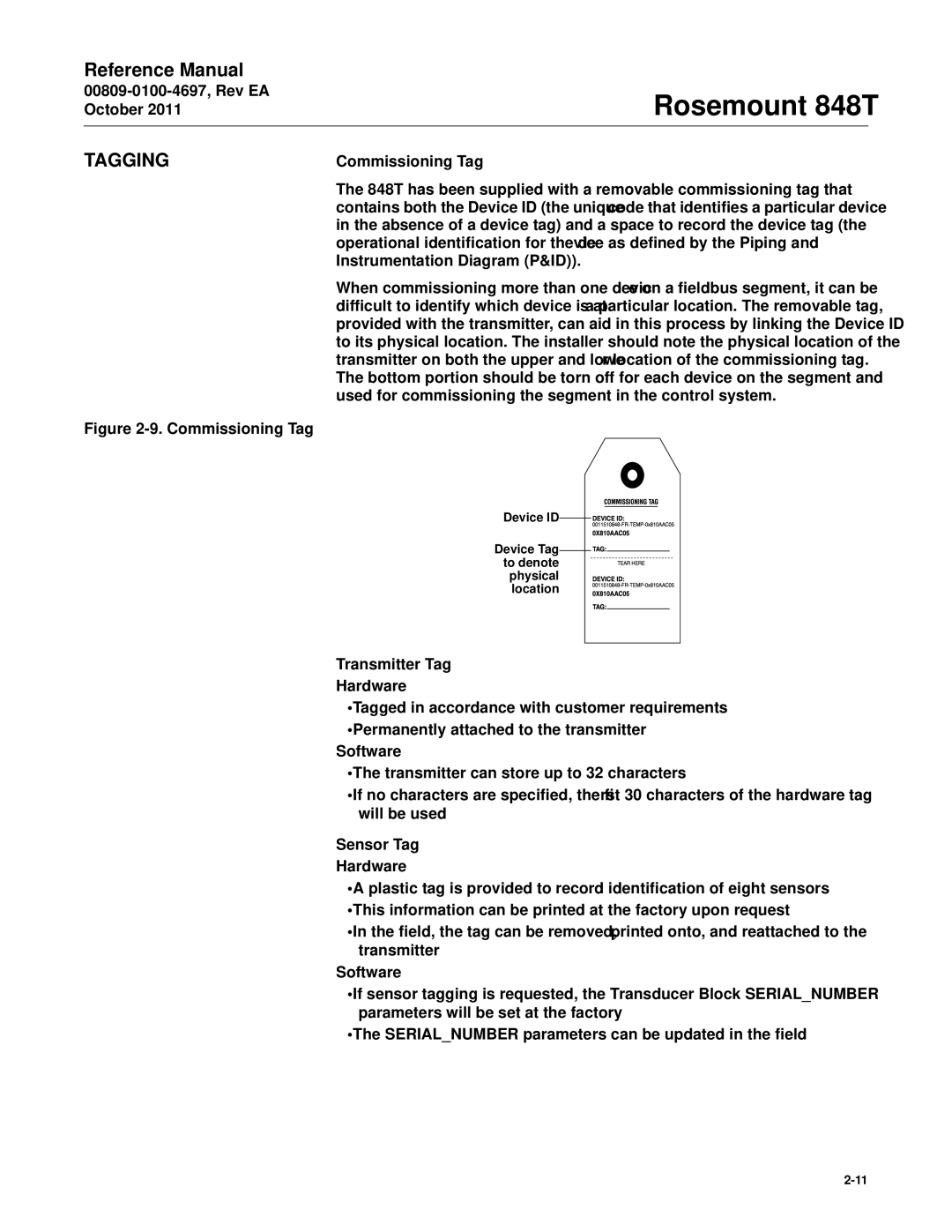 Emerson 848T manual Tagging, Commissioning Tag, Transmitter Tag, Sensor Tag 