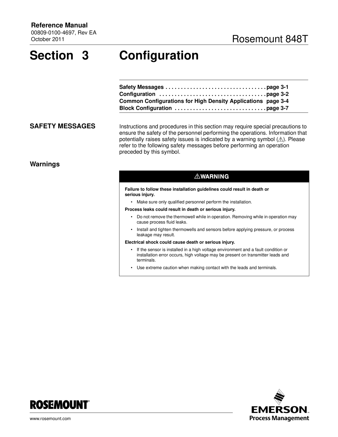 Emerson 848T manual Section Configuration, Safety Messages 