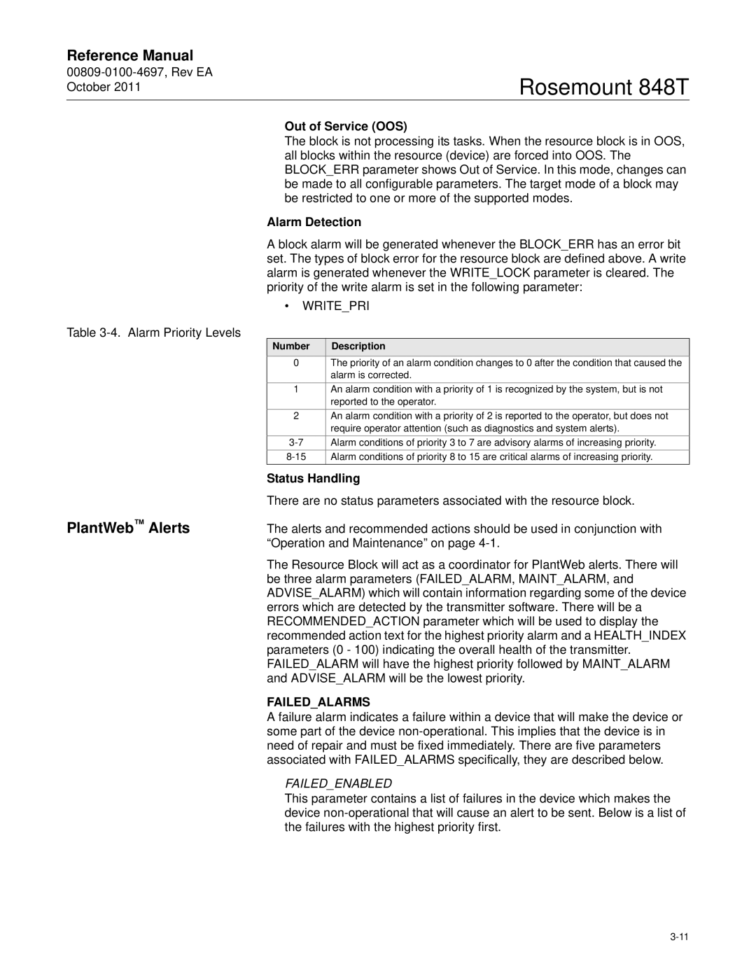 Emerson 848T manual PlantWeb Alerts, Out of Service OOS, Alarm Detection, Status Handling 