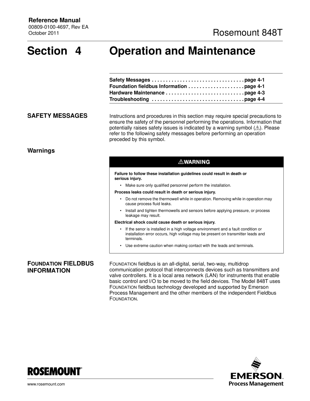 Emerson 848T manual Operation and Maintenance, Foundation Fieldbus Information 