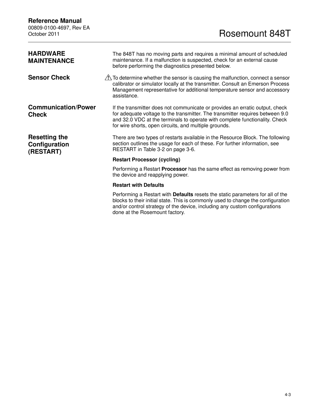 Emerson 848T manual Hardware Maintenance, Sensor Check, Restart Processor cycling, Restart with Defaults 