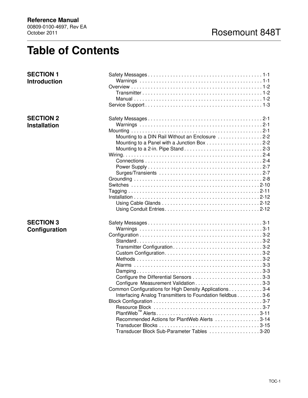 Emerson 848T manual Table of Contents 