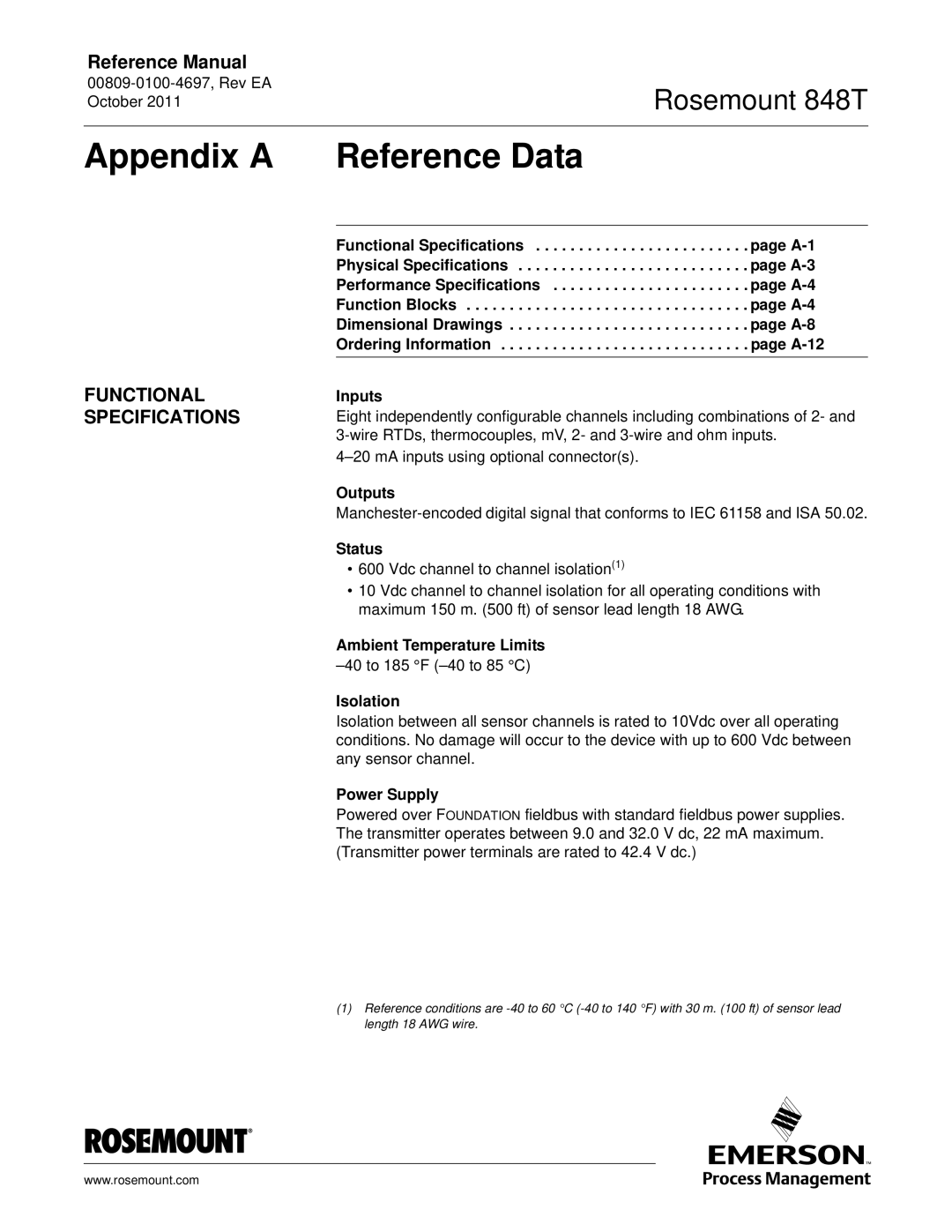 Emerson 848T manual Appendix a Reference Data, Functional Specifications 