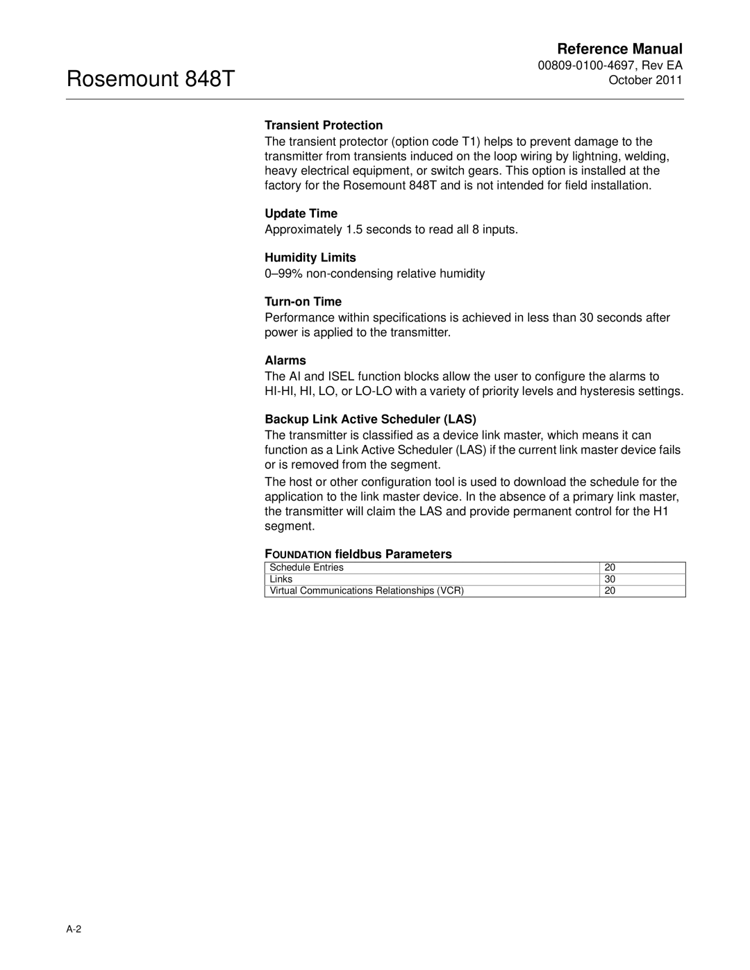 Emerson 848T Transient Protection, Update Time, Humidity Limits, Turn-on Time, Alarms, Backup Link Active Scheduler LAS 