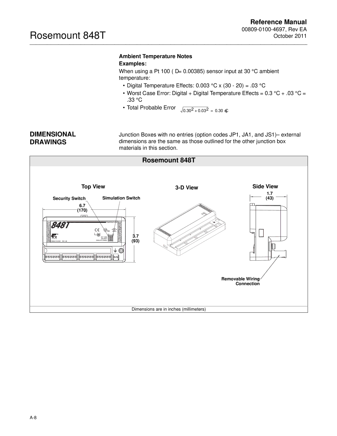 Emerson manual Dimensional Drawings, Rosemount 848T, Ambient Temperature Notes Examples, Top View, Side View 