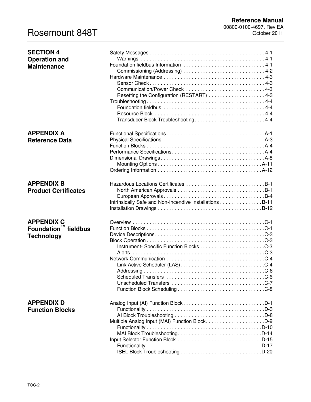 Emerson 848T manual Section, Operation Maintenance, Appendix a, TOC-2 