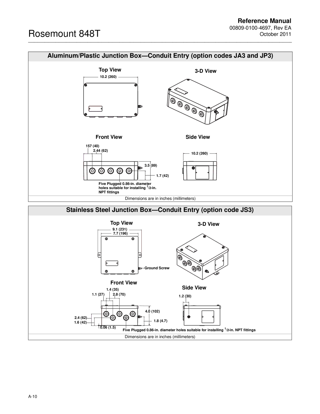 Emerson 848T manual Stainless Steel Junction Box-Conduit Entry option code JS3, Side View 