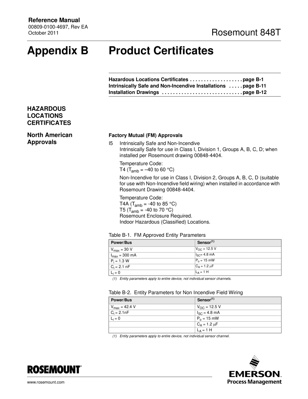 Emerson 848T manual Appendix B Product Certificates, Hazardous Locations Certificates, North American Approvals 