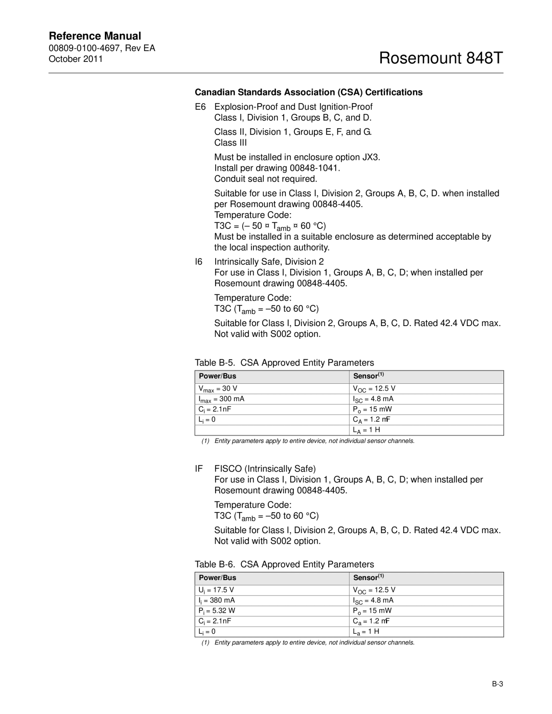 Emerson 848T manual Canadian Standards Association CSA Certifications 