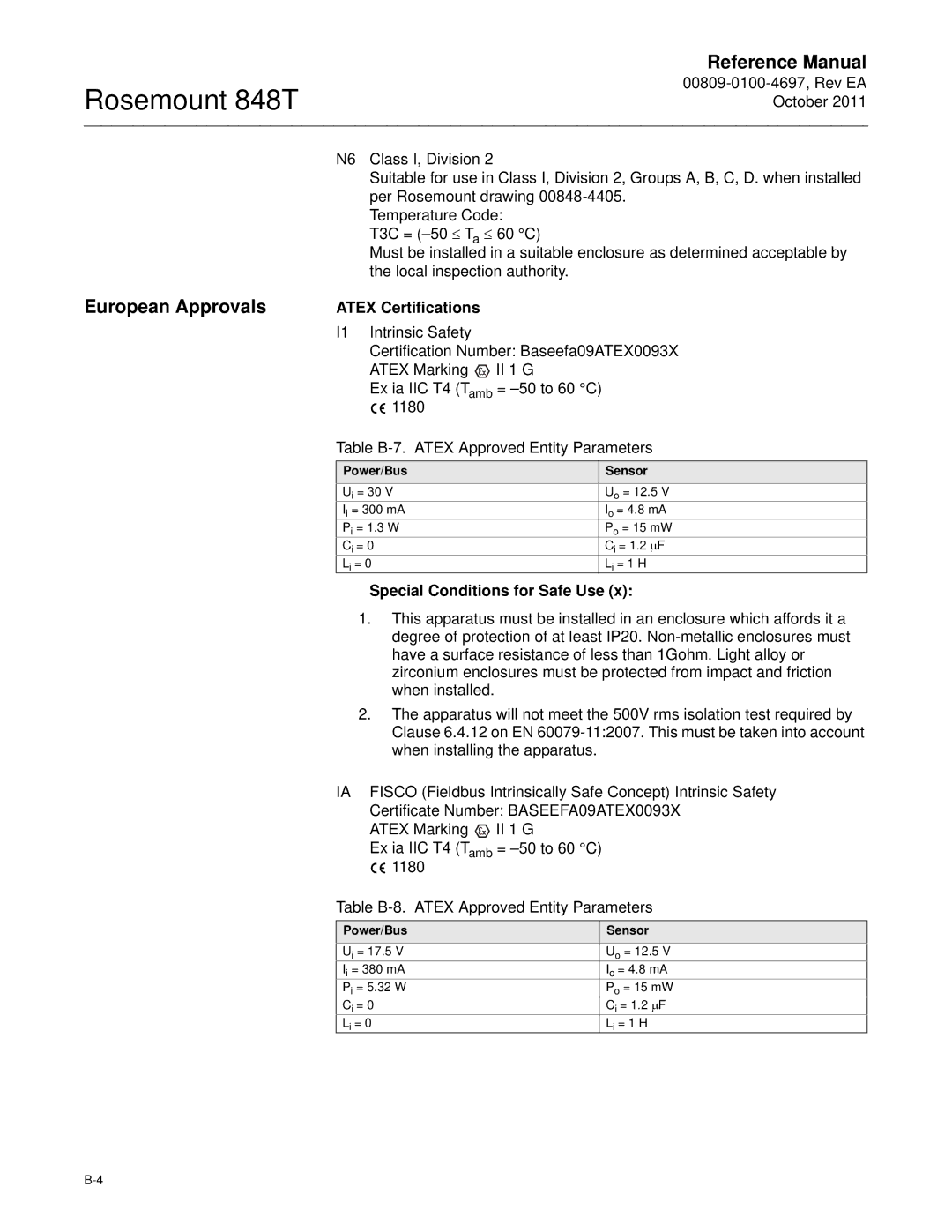 Emerson 848T manual European Approvals, Atex Certifications, Special Conditions for Safe Use, Power/Bus Sensor 