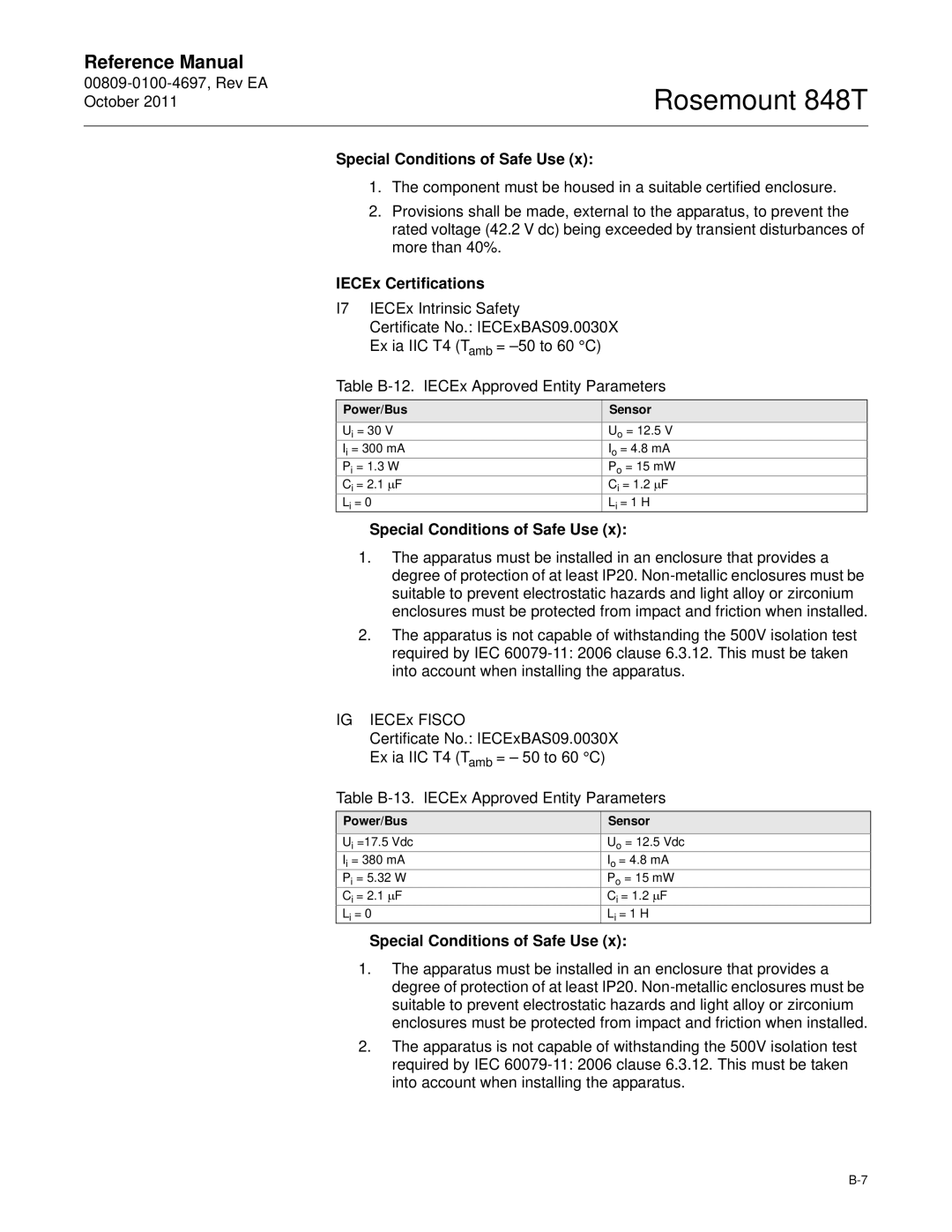 Emerson 848T manual Special Conditions of Safe Use, IECEx Certifications 