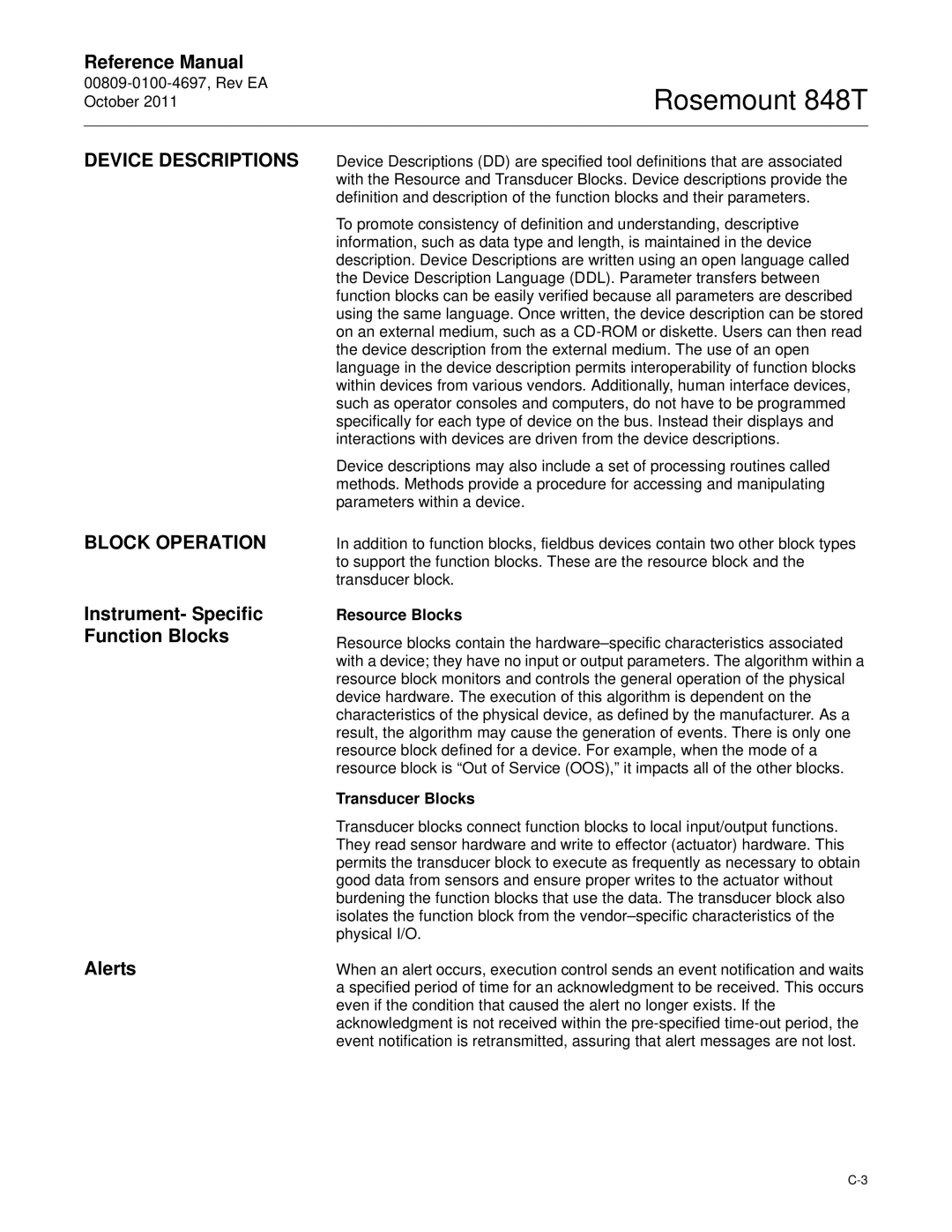 Emerson 848T manual Device Descriptions Block Operation, Instrument- Specific Function Blocks Alerts, Resource Blocks 
