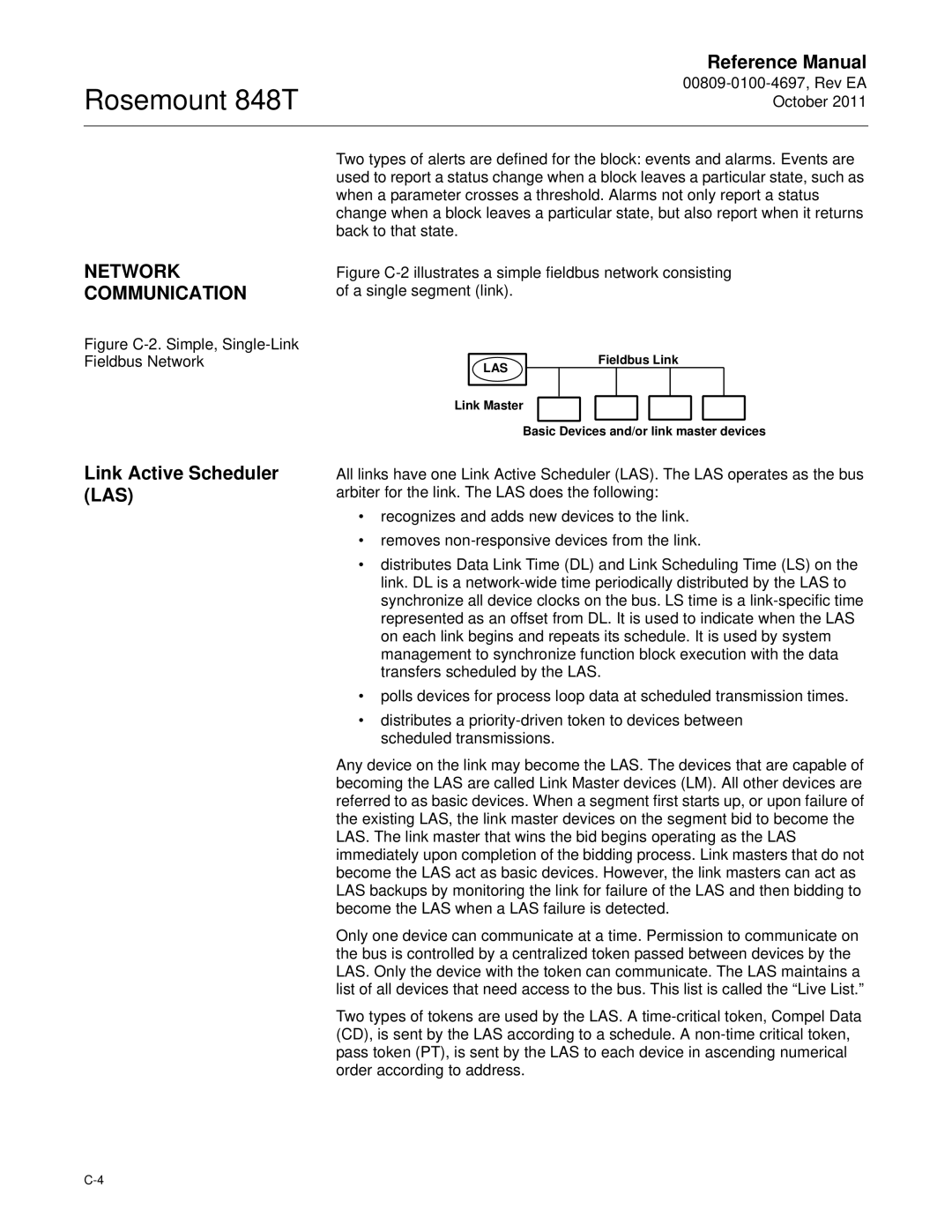 Emerson 848T manual Network Communication, Link Active Scheduler LAS, Fieldbus Link 