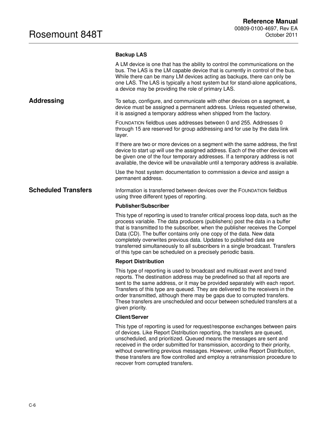 Emerson 848T manual Addressing Scheduled Transfers, Backup LAS, Publisher/Subscriber, Report Distribution, Client/Server 