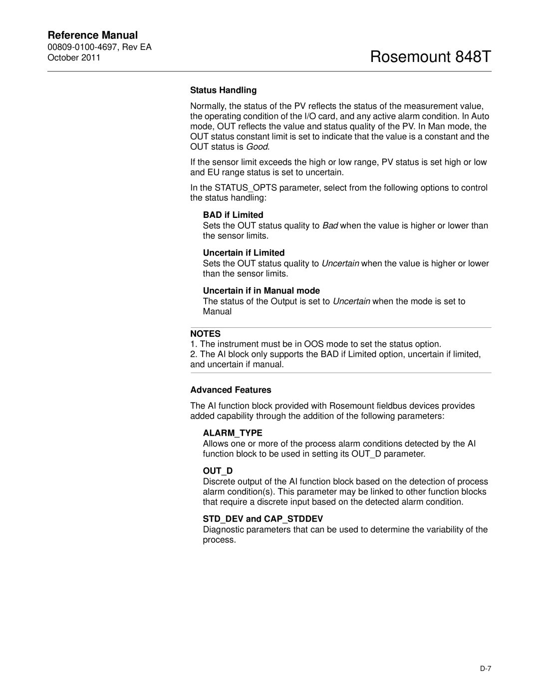 Emerson 848T BAD if Limited, Uncertain if Limited, Uncertain if in Manual mode, Advanced Features, Stddev and Capstddev 