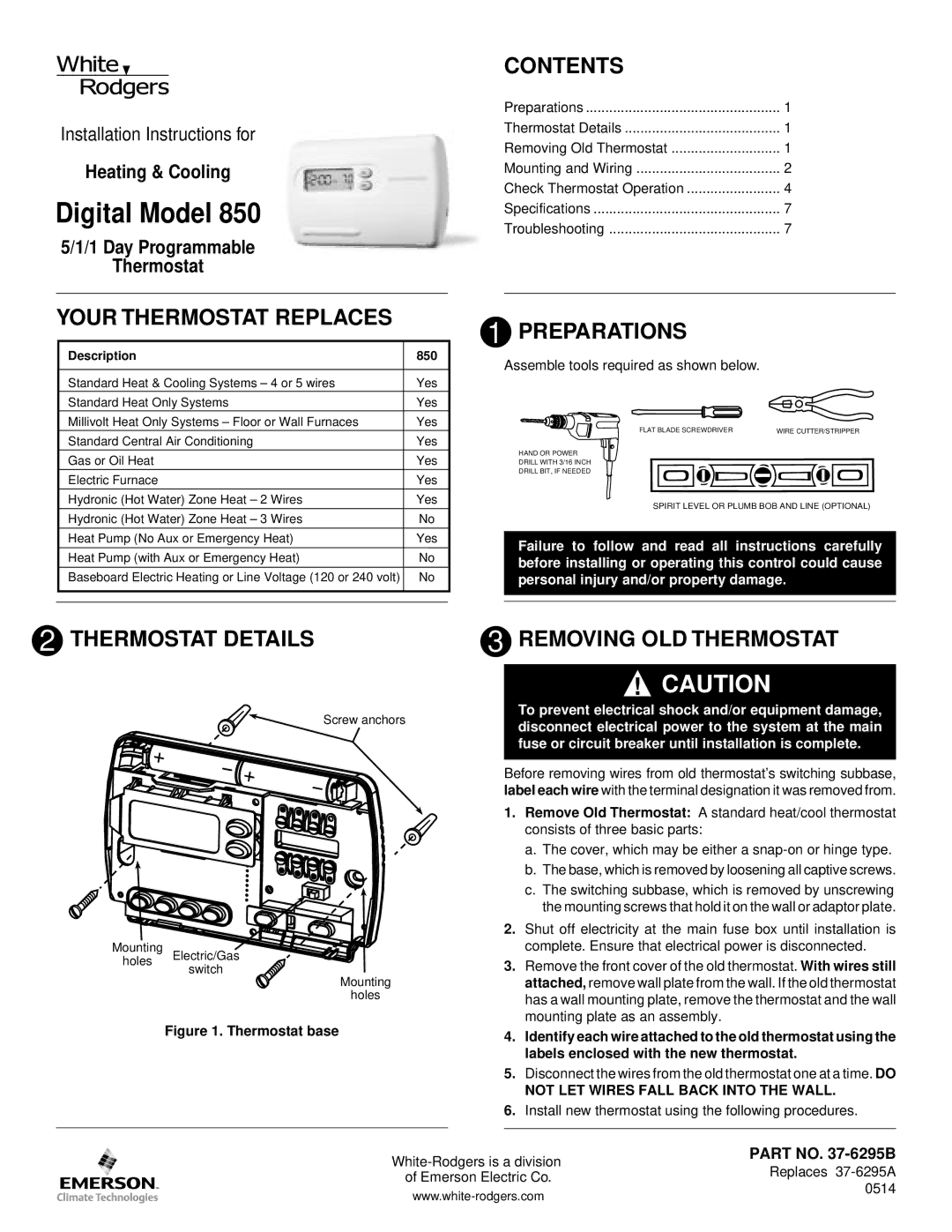 Emerson 850 installation instructions Contents, Your Thermostat Replaces, Preparations, Thermostat Details 