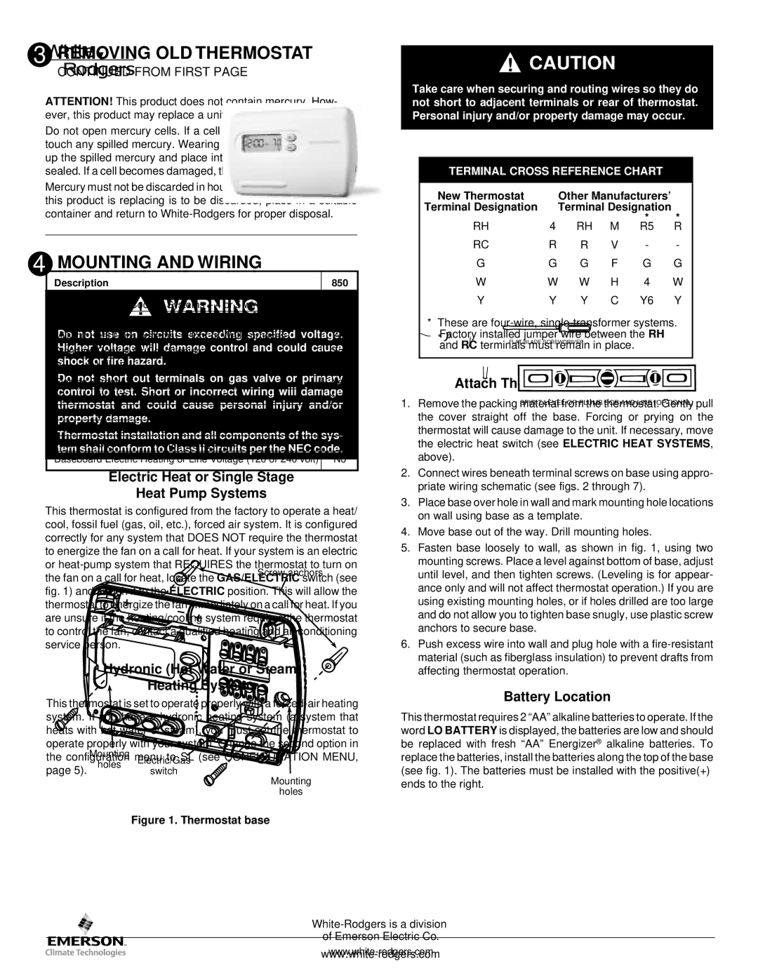 Emerson 850 Mounting and Wiring, Electric Heat or Single Stage Heat Pump Systems, Attach Thermostat Base to Wall 