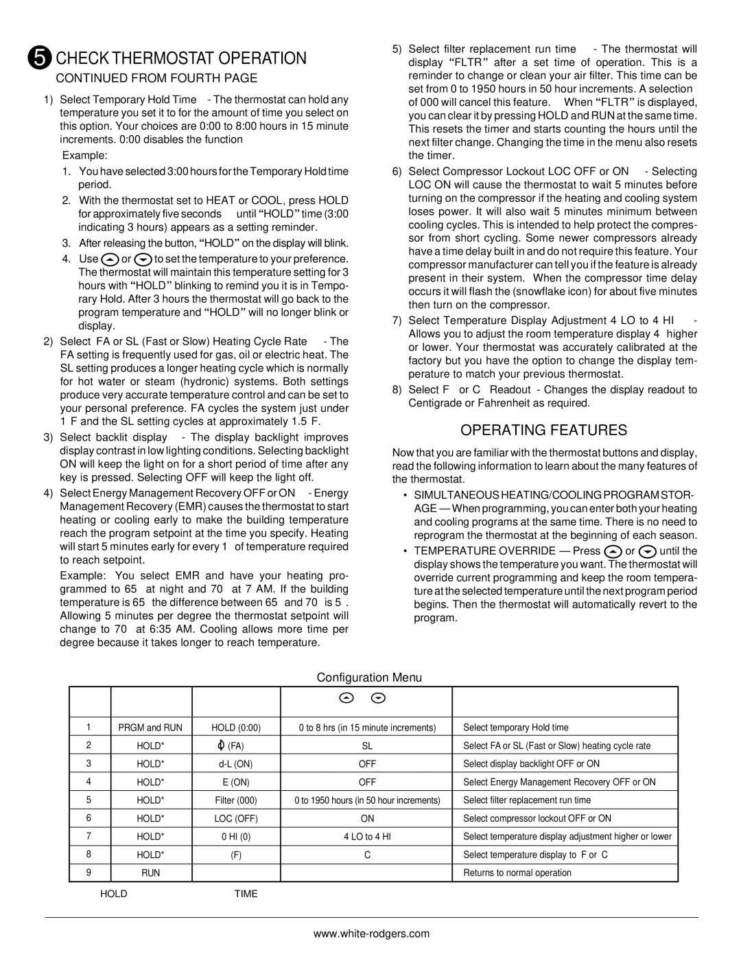 Emerson 850 installation instructions Operating Features, From Fourth, Configuration Menu 