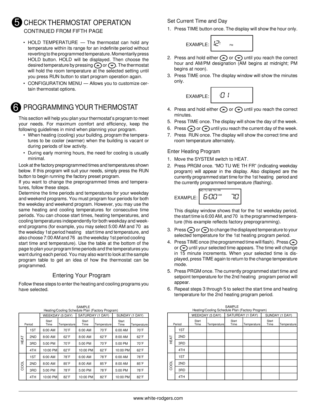 Emerson 850 Programming Your Thermostat, Entering Your Program, From Fifth, Set Current Time and Day 