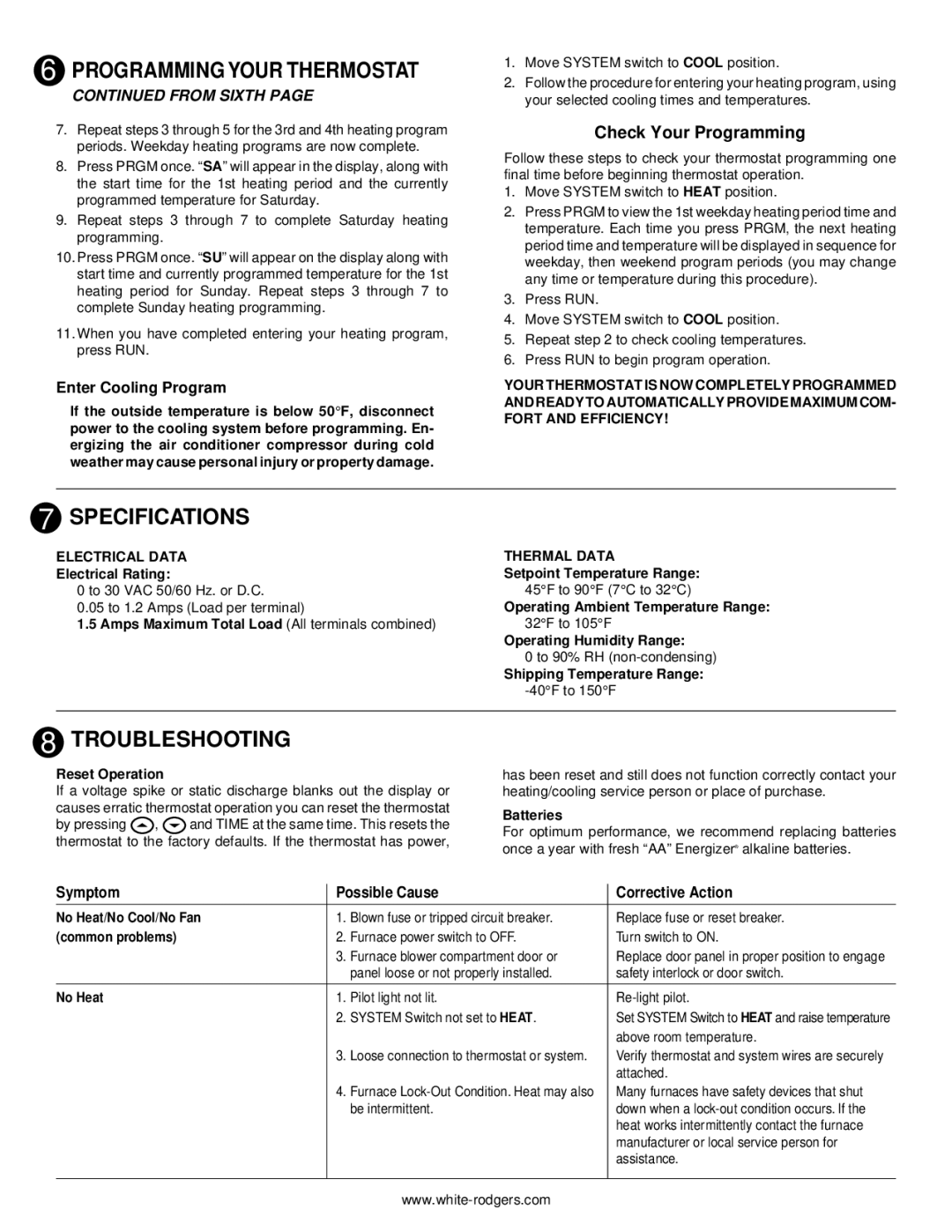 Emerson 850 installation instructions Specifications, Troubleshooting, Check Your Programming, From Sixth 