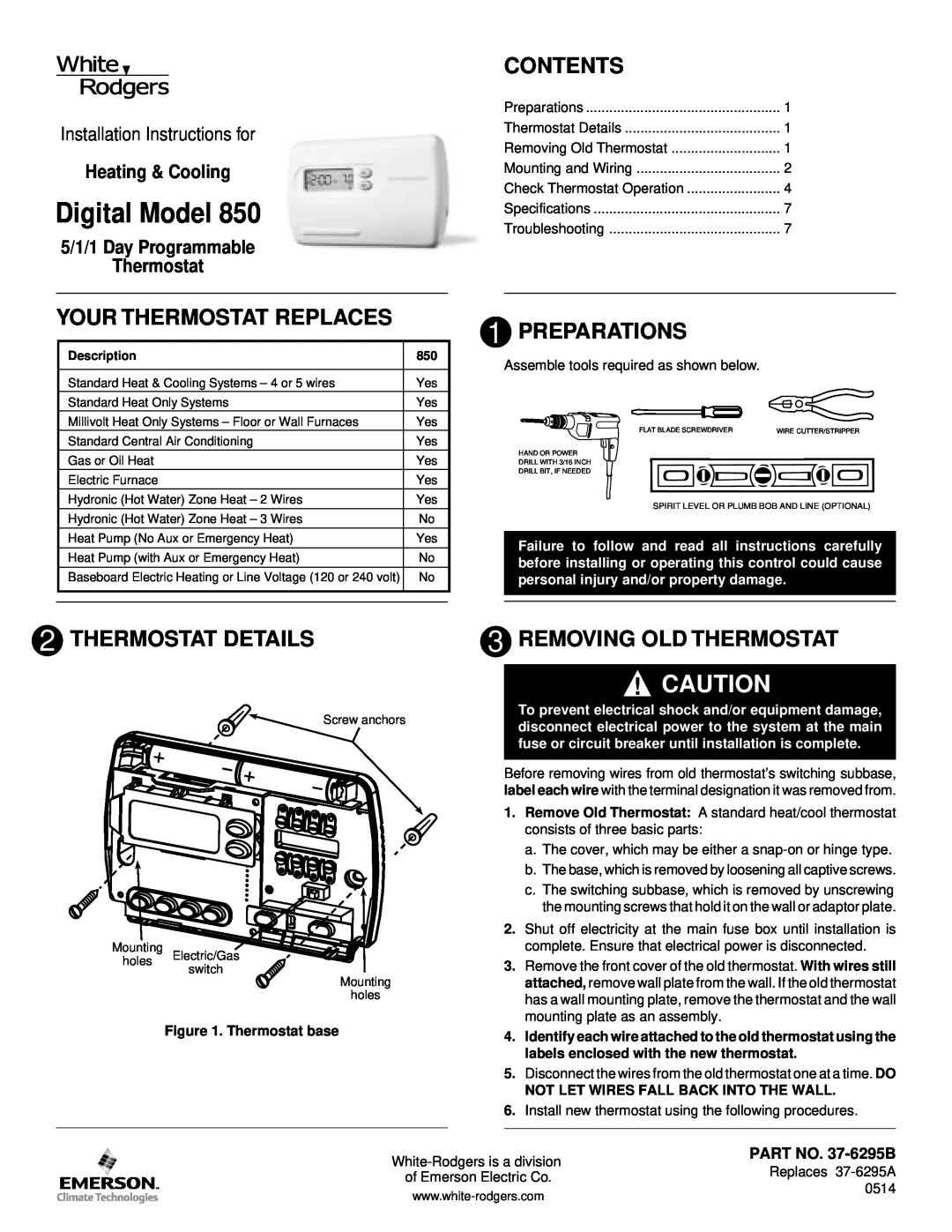 Emerson 850 installation instructions Contents, Your Thermostat Replaces, Preparations, Thermostat Details, Digital Model 
