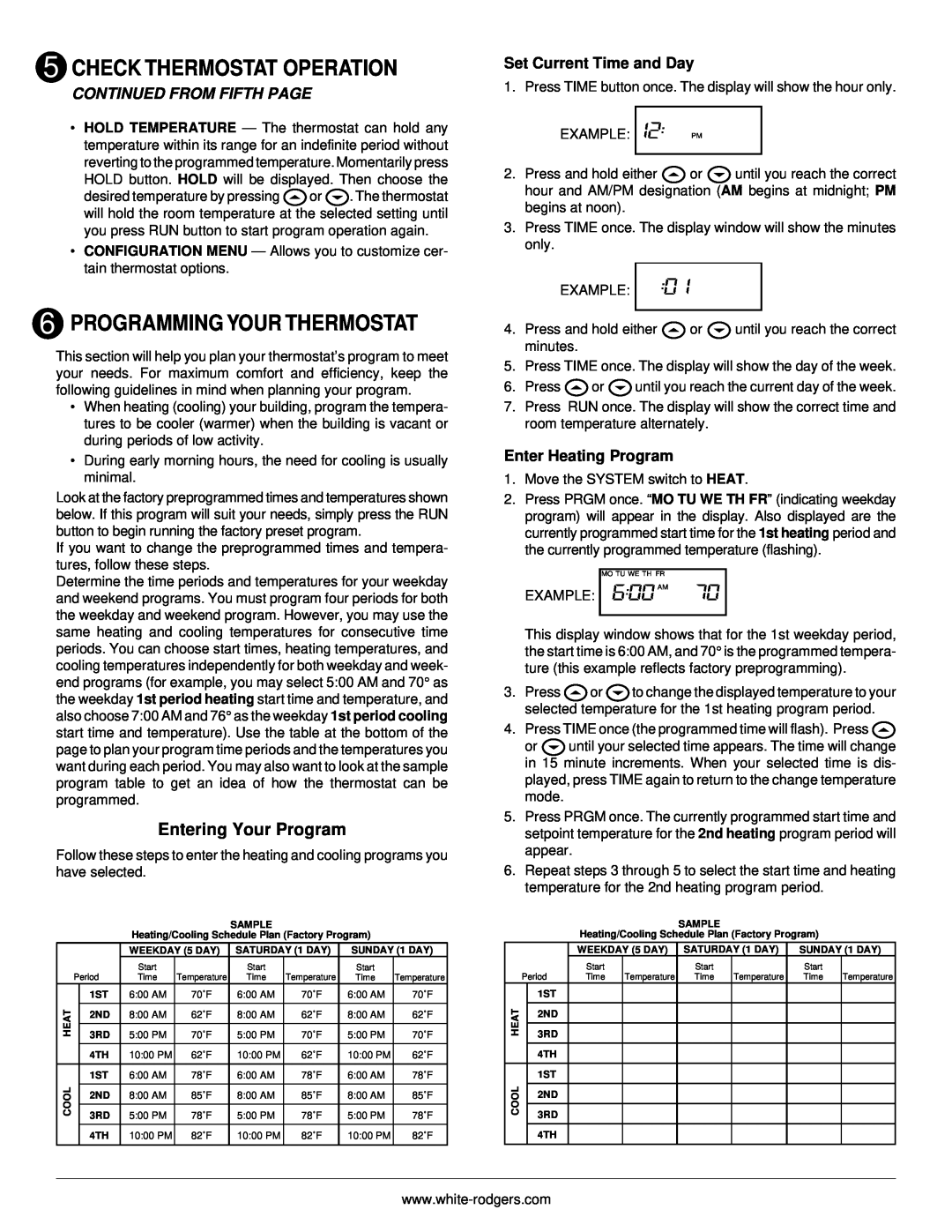 Emerson 850 Programming Your Thermostat, Entering Your Program, Continued From Fifth Page, Set Current Time and Day 