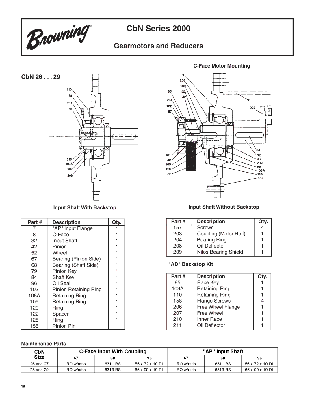 Emerson 8610E manual CbN 26, Input Shaft With Backstop Description Qty, AD Backstop Kit Description Qty 