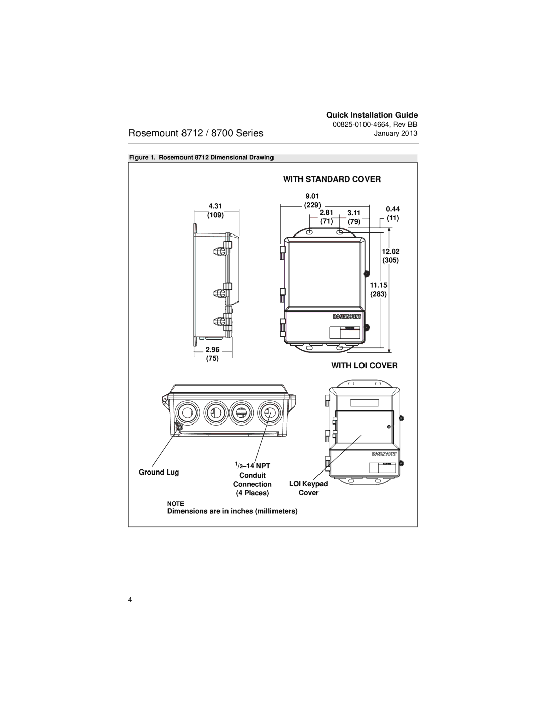 Emerson 8712E manual 109, 12.02, 305, 11.15, 283, Ground Lug 14 NPT, Dimensions are in inches millimeters 