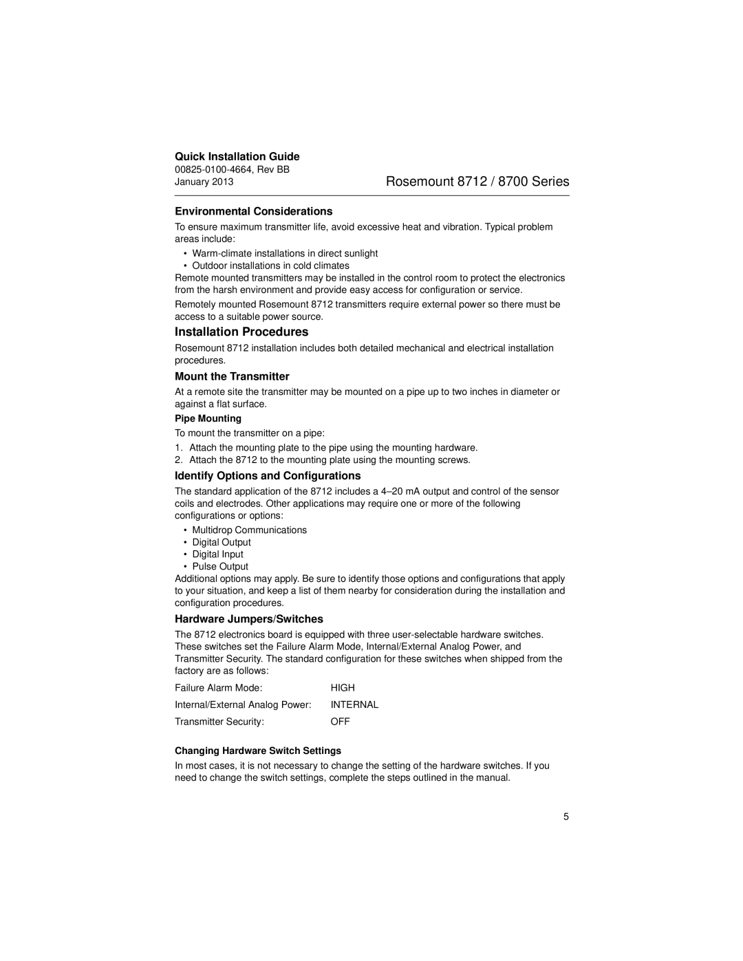 Emerson 8712E Installation Procedures, Environmental Considerations, Mount the Transmitter, Hardware Jumpers/Switches 