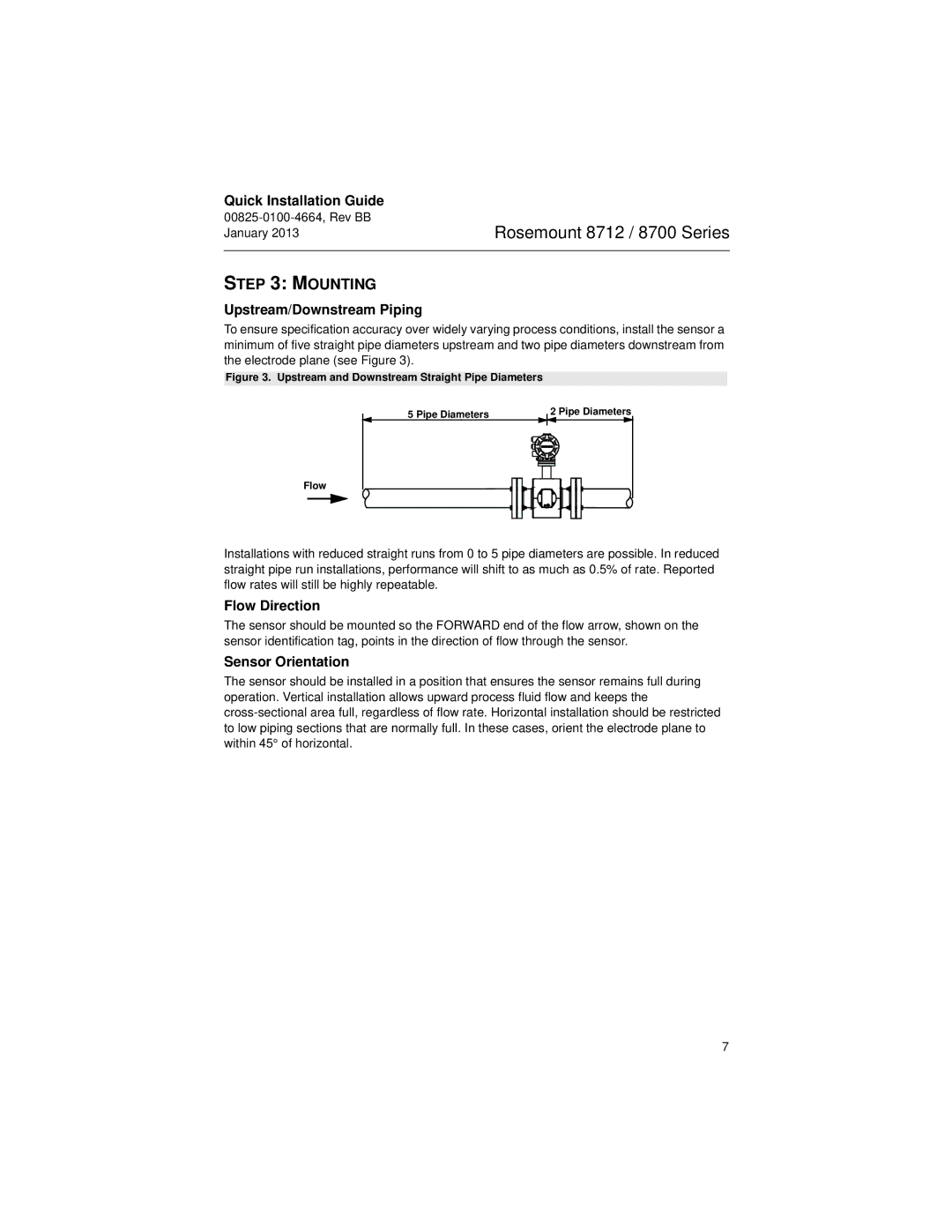 Emerson 8712E manual Mounting, Upstream/Downstream Piping, Flow Direction, Sensor Orientation 