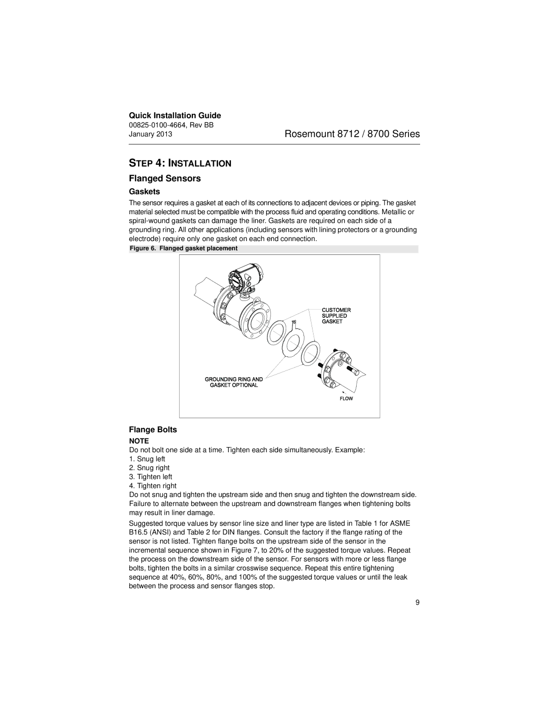 Emerson 8712E manual Installation, Flanged Sensors, Gaskets, Flange Bolts 