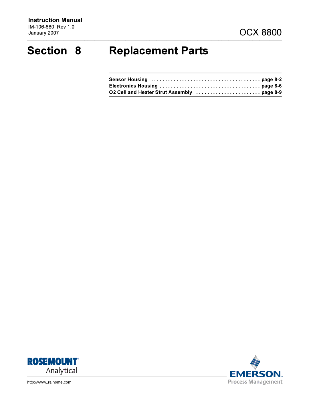 Emerson 8800 instruction manual Replacement Parts, O2 Cell and Heater Strut Assembly 