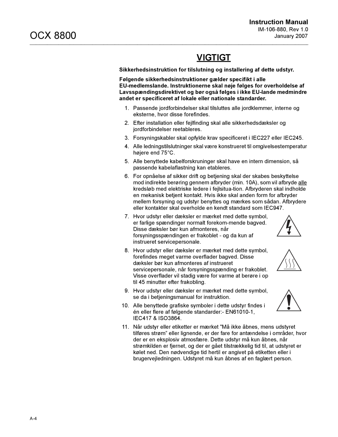 Emerson 8800 instruction manual Vigtigt 