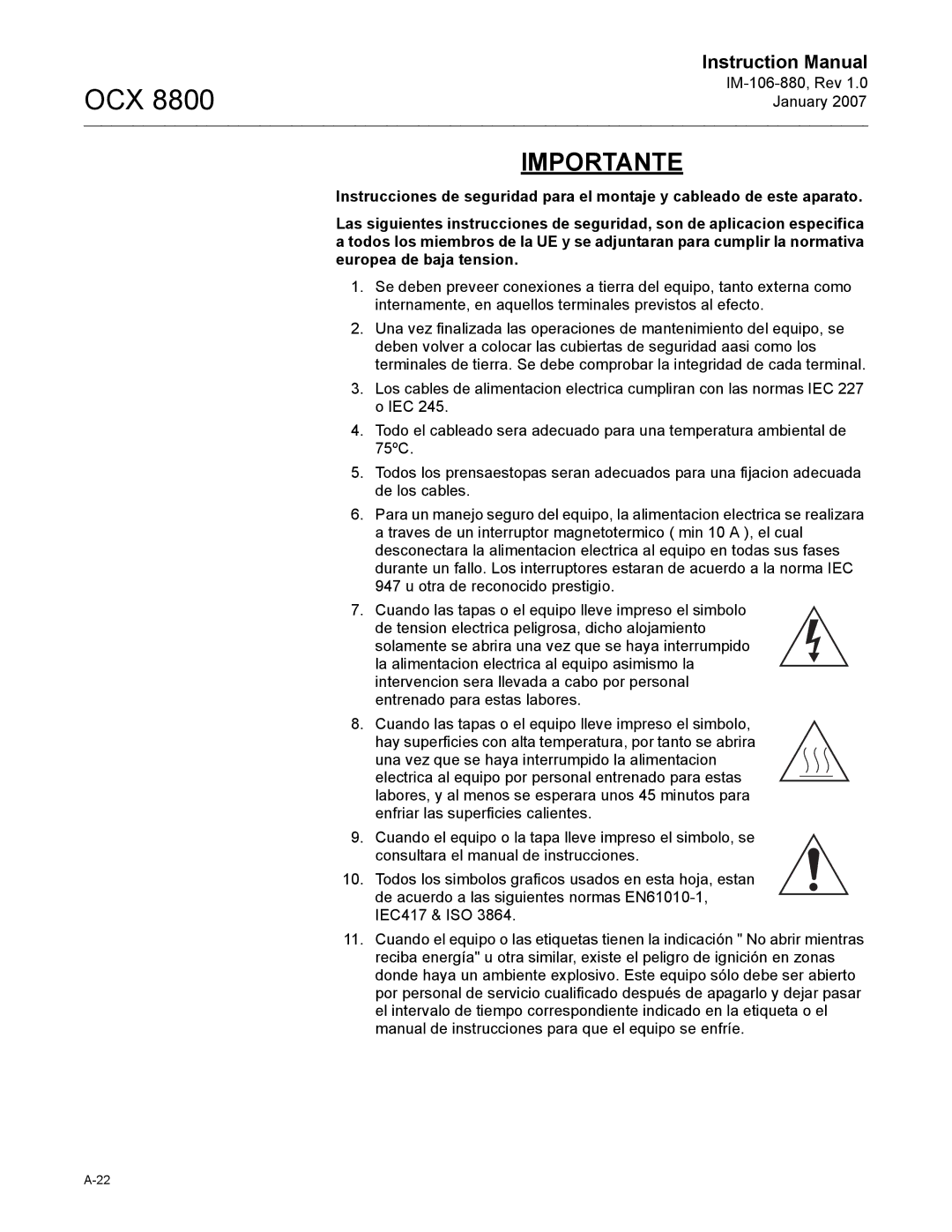 Emerson 8800 instruction manual Importante 