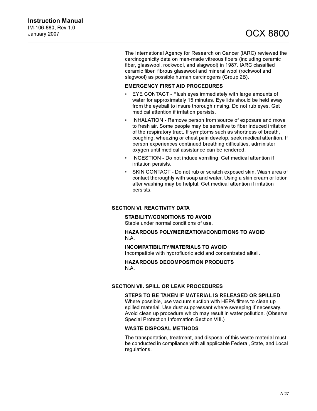 Emerson 8800 instruction manual Section VI. Reactivity Data STABILITY/CONDITIONS to Avoid 