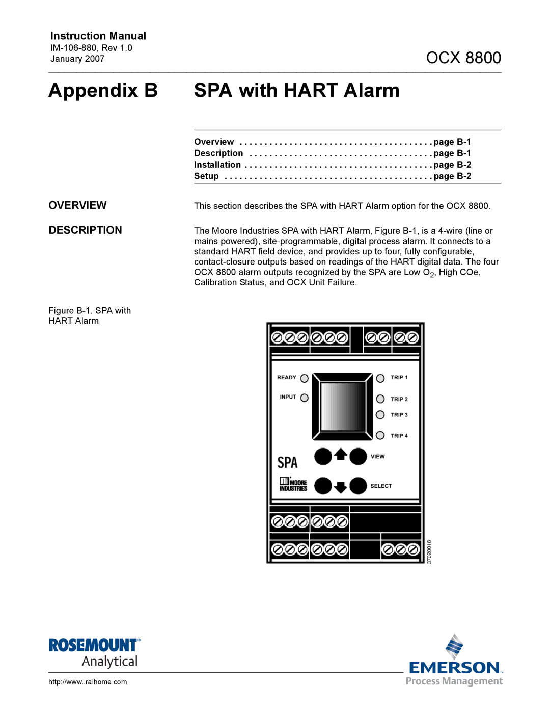 Emerson 8800 instruction manual Appendix B SPA with Hart Alarm, Description, B-1, B-2 