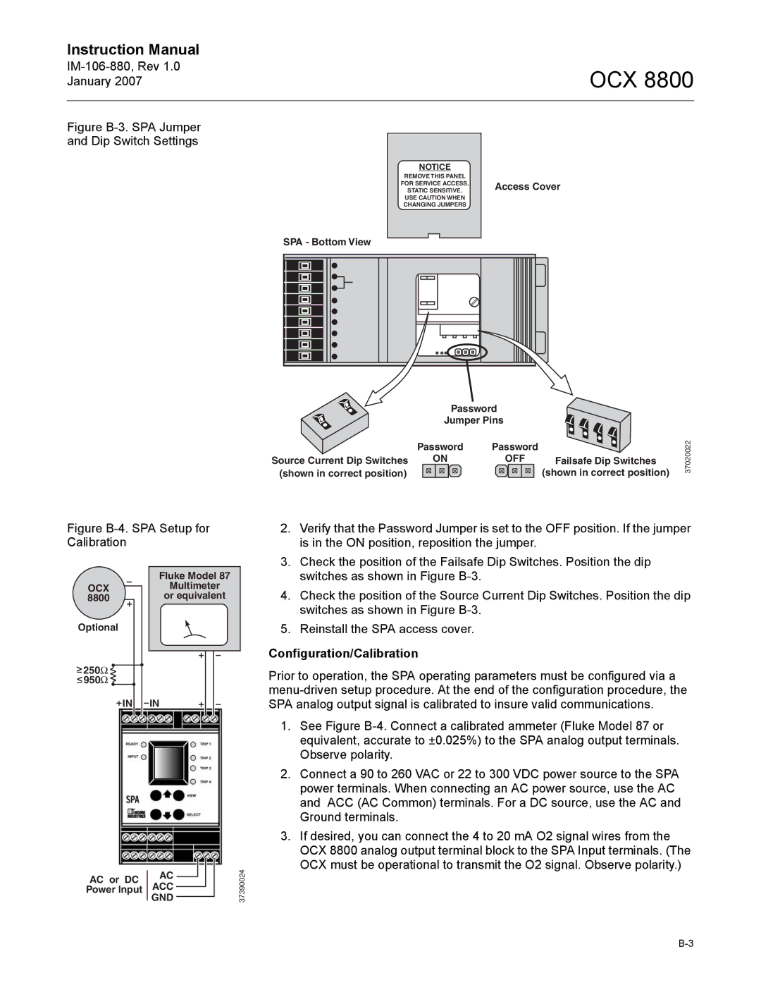 Emerson 8800 instruction manual Figure B-3. SPA Jumper Dip Switch Settings, Configuration/Calibration 